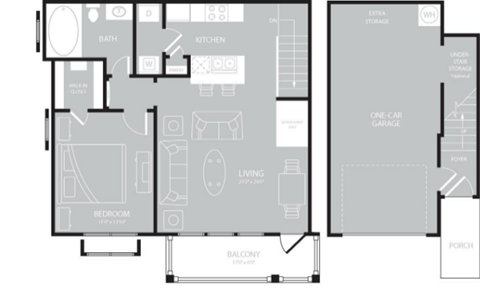 Floor plan for 1 bed, 1 bath, 787 sqft